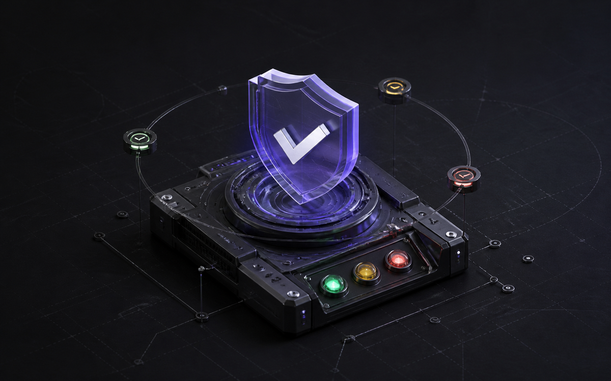 Three-dimensional OpenCode permission checkpoint with shield and approval lights
